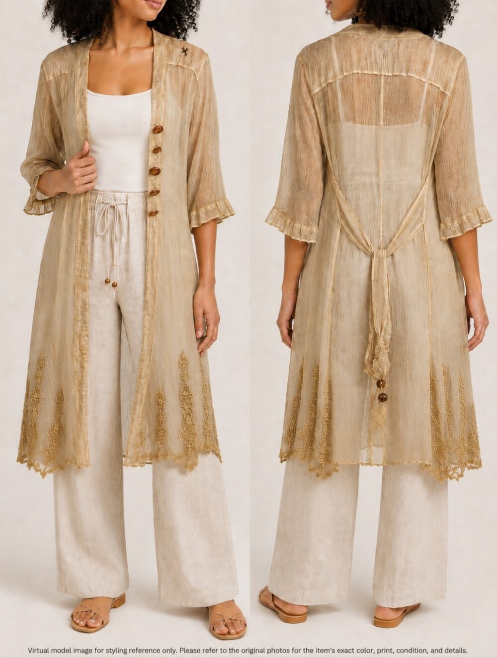 Elia Cavaletti Italy Silk Cotton Sheer Embroidered Duster Jacket L